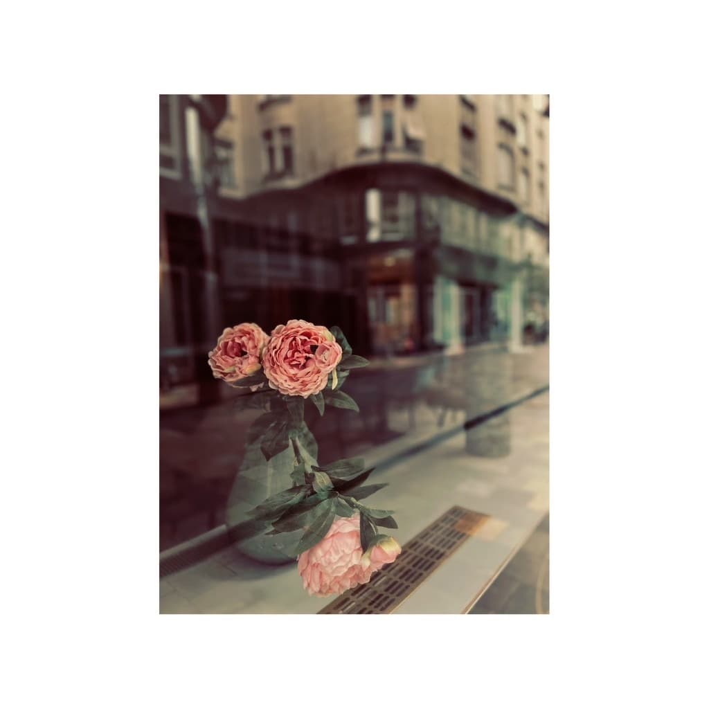 Fine art still life with pink peonies by a window overlooking a European city street by Andrea Polmüller